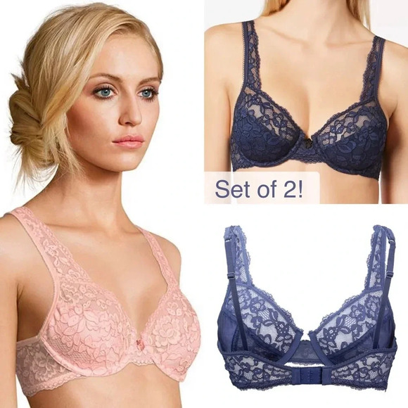 Set of 2! Maidenform Modern Beauty Lace Unlined Demi Bras Navy / Mauve Size 34C - Picture 2 of 5